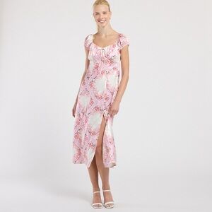 Pink Cap Sleeve Floral Satin Maxi Dress